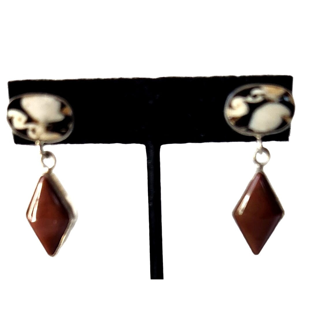 Earrings Peanut Wood & Jasper 925 Silver Post  9 Gr 40mm x 15mm Jerry Harr 2 Stones