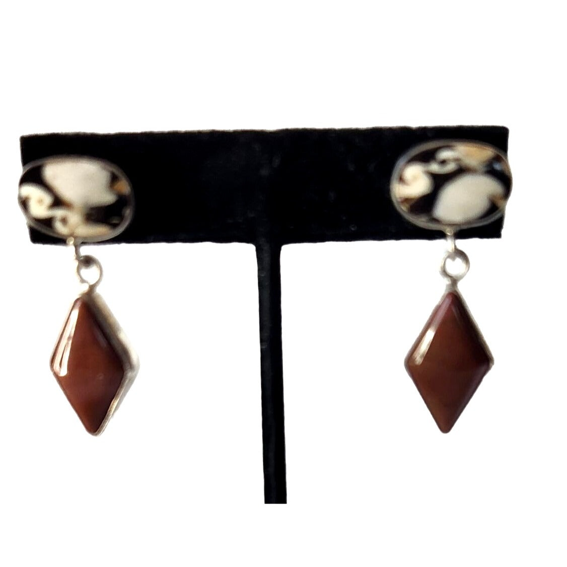 Earrings Peanut Wood & Jasper 925 Silver Post  9 Gr 40mm x 15mm Jerry Harr 2 Stones
