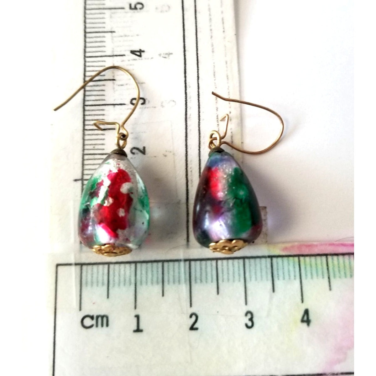 Earrings Blown Glass  8 Gr  40 ct  2 cm  x 1 cm Red Green