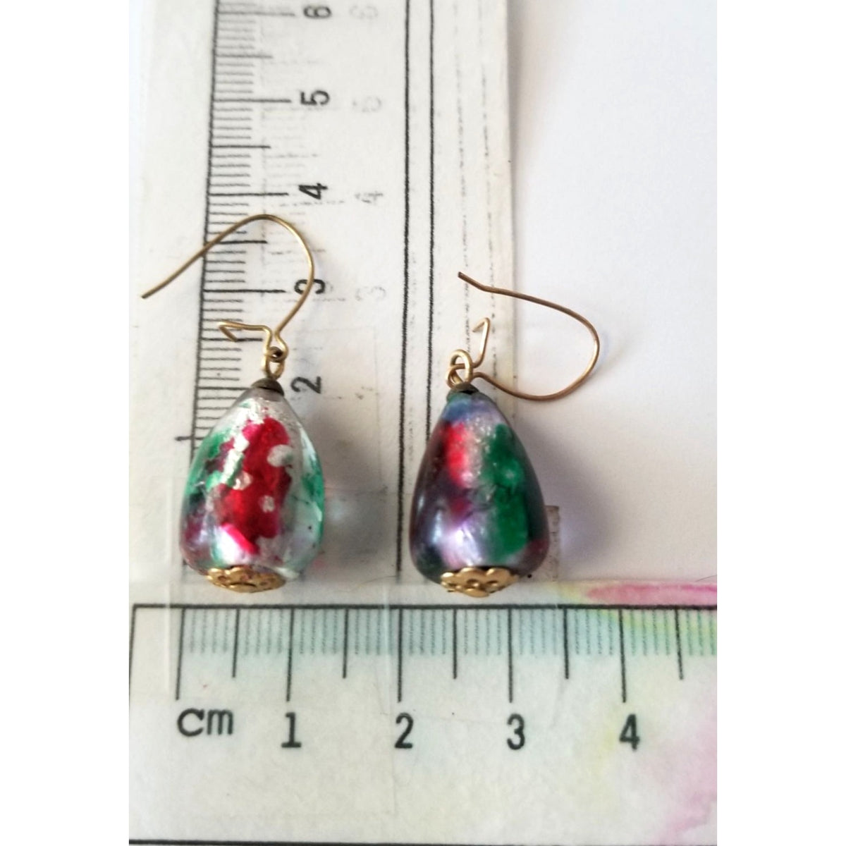 Earrings Blown Glass  8 Gr  40 ct  2 cm  x 1 cm Red Green