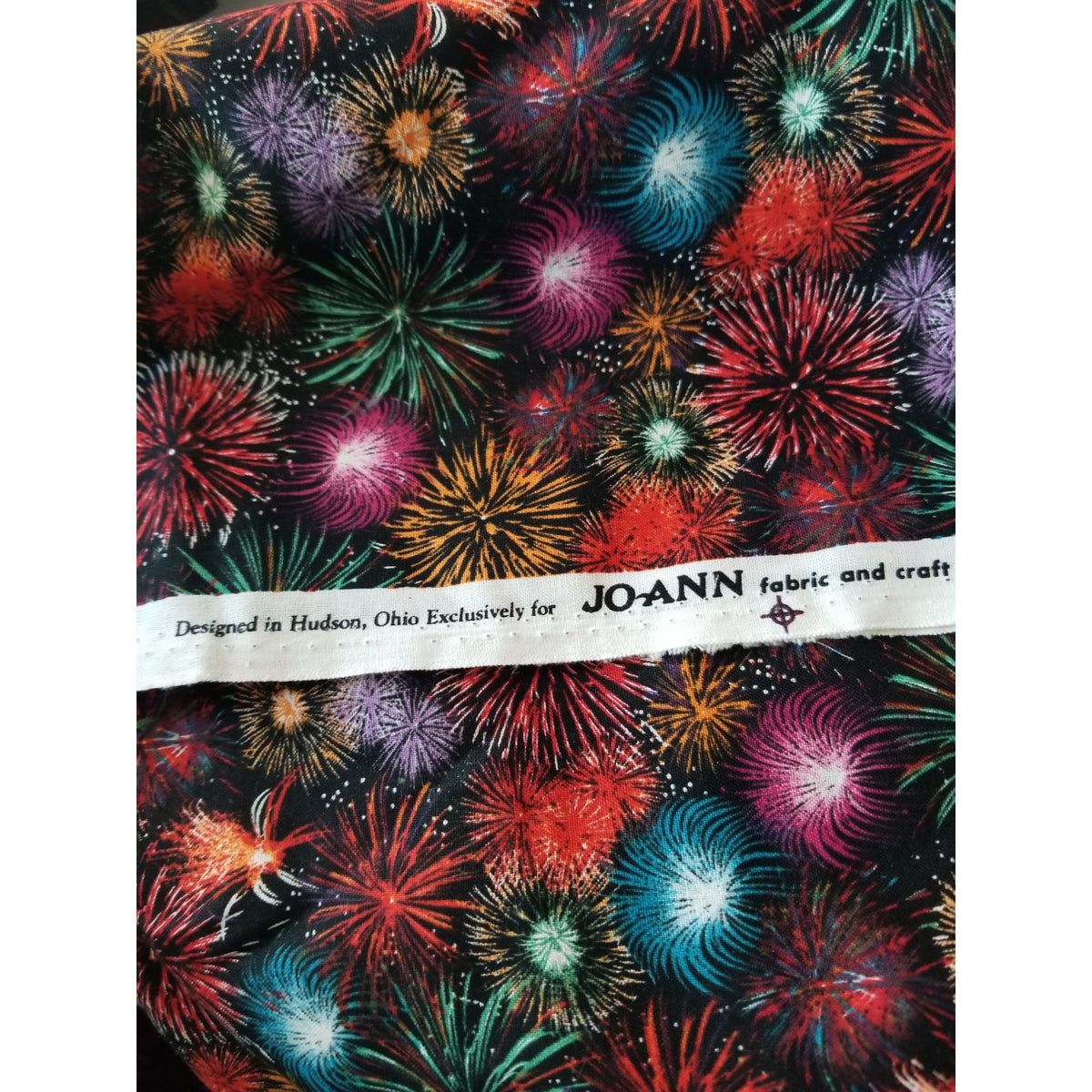 Material Black Fabric JoAnn Fireworks Red  Green Blue Silver  Orange  44" x 38"  Cotton  1 Yrd Craft Clothing  Joann