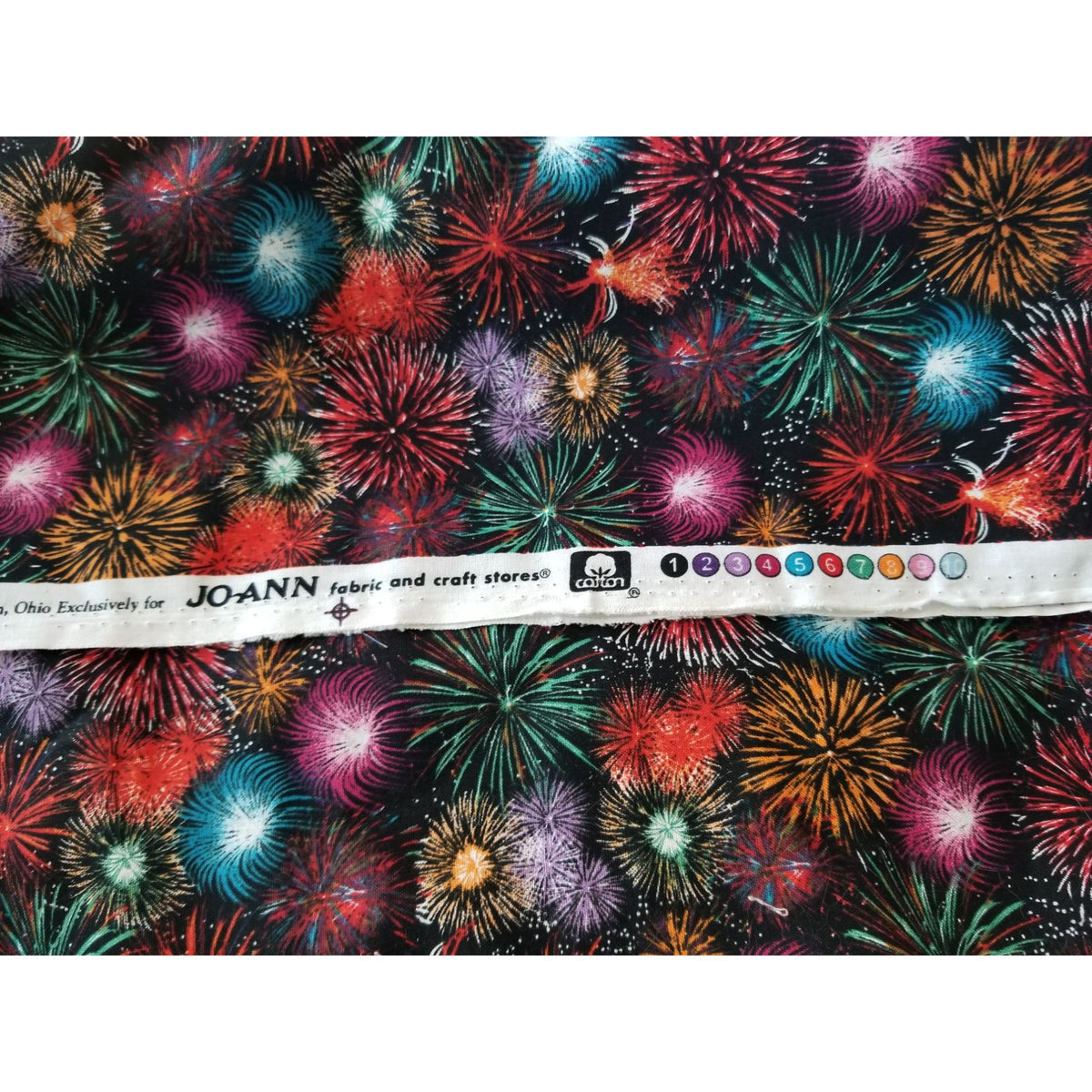 Material Black Fabric JoAnn Fireworks Red  Green Blue Silver  Orange  44" x 38"  Cotton  1 Yrd Craft Clothing  Joann