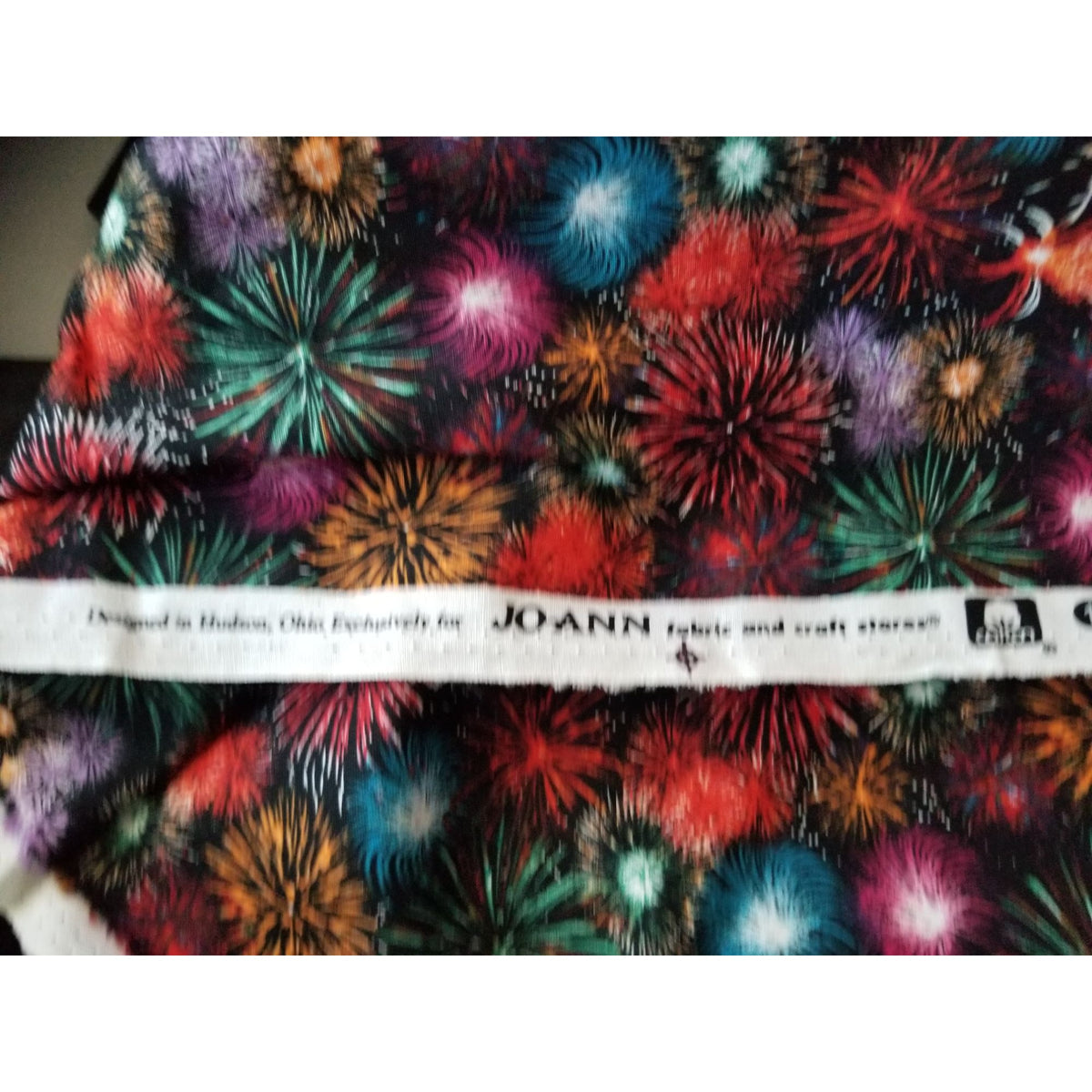 Material Black Fabric JoAnn Fireworks Red  Green Blue Silver  Orange  44" x 38"  Cotton  1 Yrd Craft Clothing  Joann