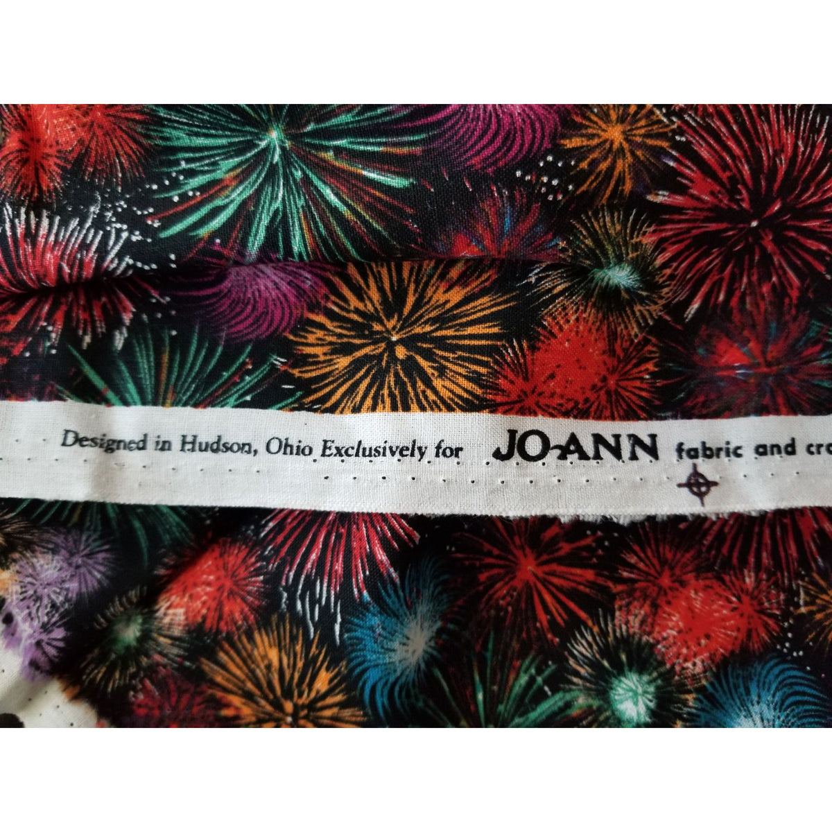 Material Black Fabric JoAnn Fireworks Red  Green Blue Silver  Orange  44" x 38"  Cotton  1 Yrd Craft Clothing  Joann
