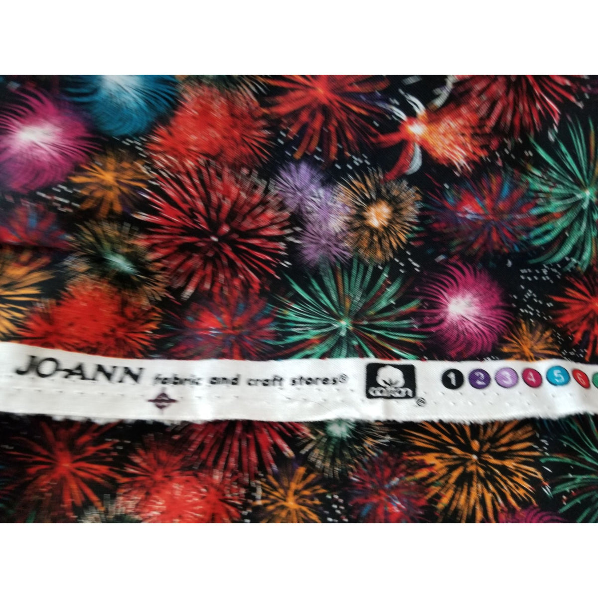 Material Black Fabric JoAnn Fireworks Red  Green Blue Silver  Orange  44" x 38"  Cotton  1 Yrd Craft Clothing  Joann