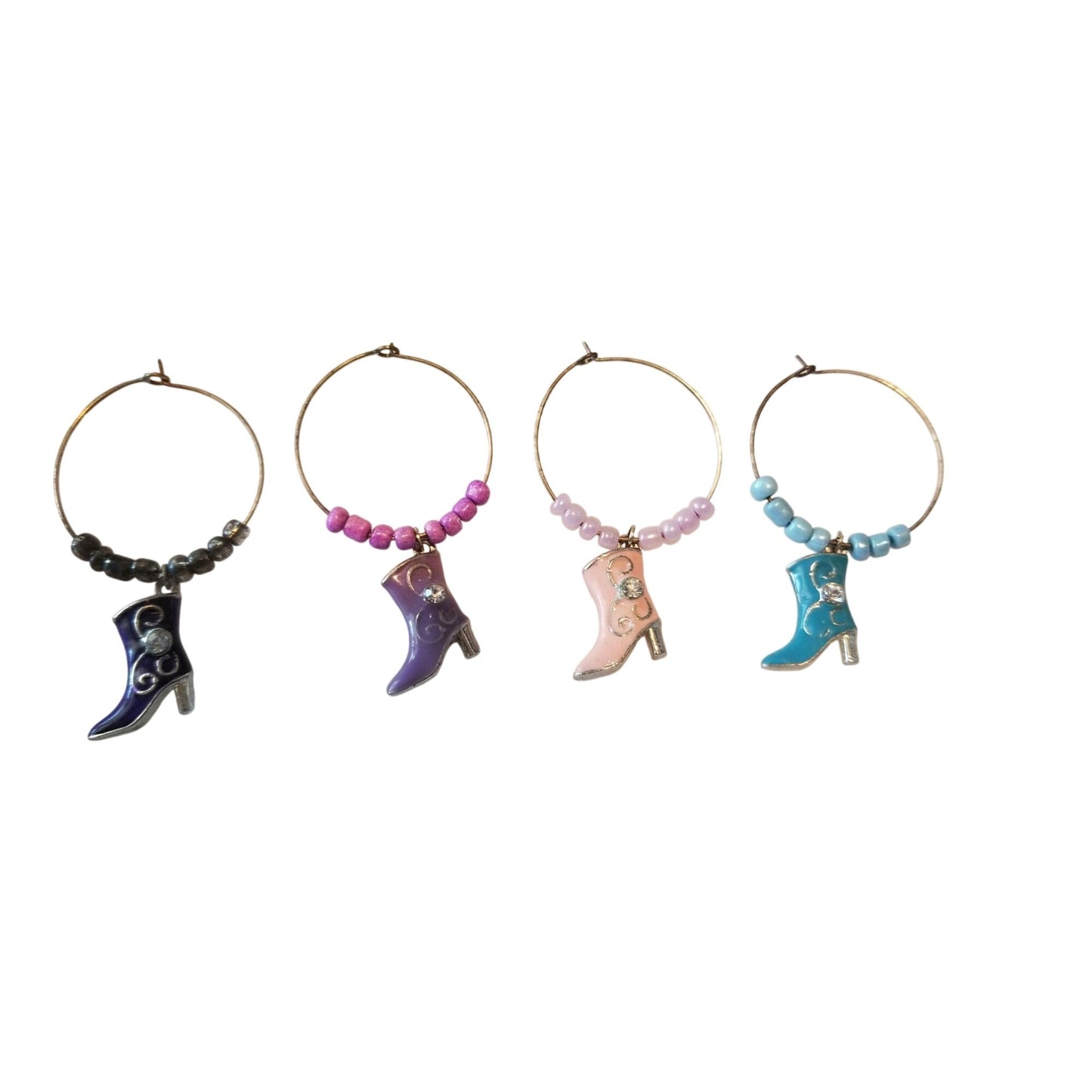 Wine Charms 1"  Charm Beads Silver Hoops Set of 4  Boots Black Purple Pink Blue