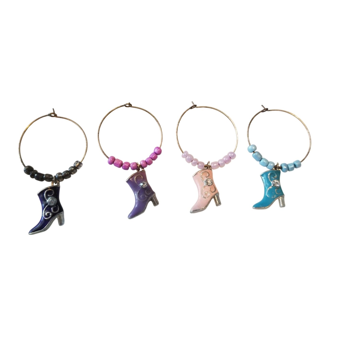 Wine Charms 1"  Charm Beads Silver Hoops Set of 4  Boots Black Purple Pink Blue