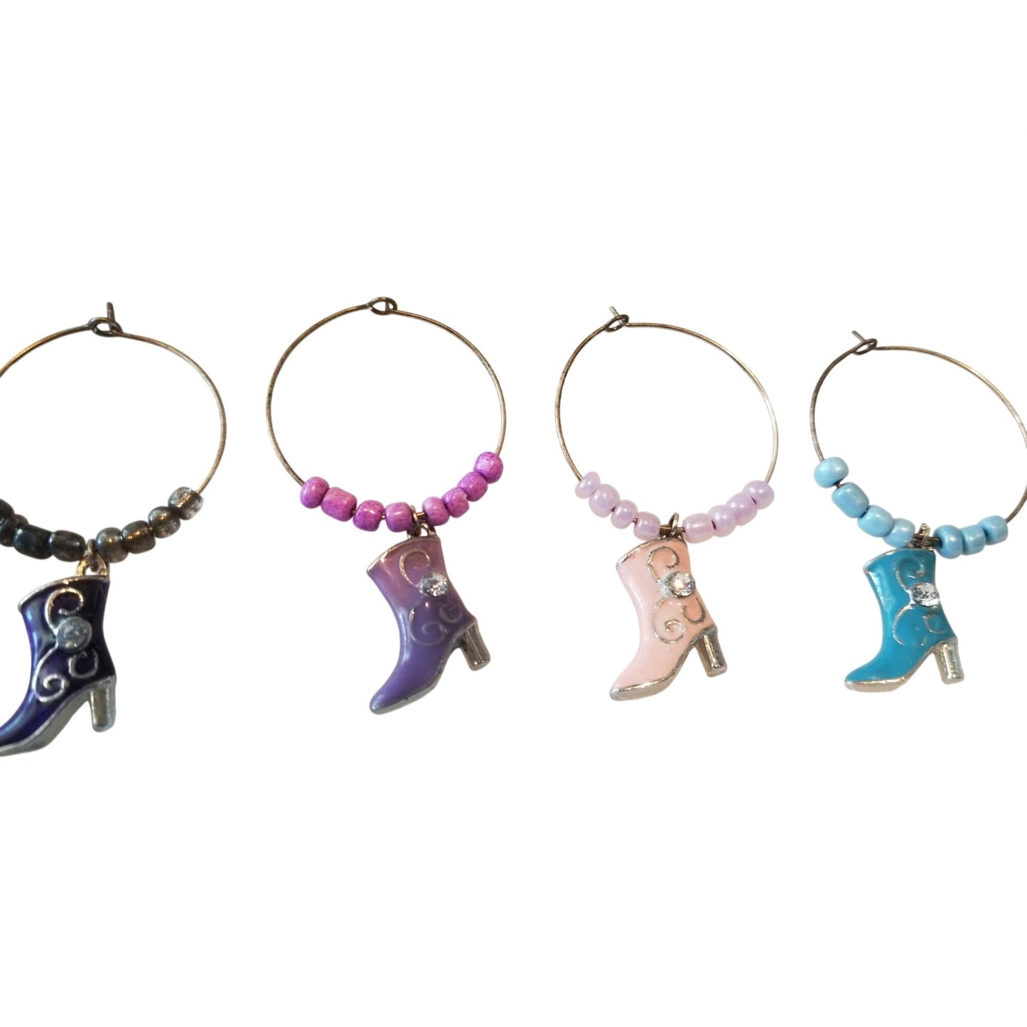 Wine Charms 1"  Charm Beads Silver Hoops Set of 4  Boots Black Purple Pink Blue