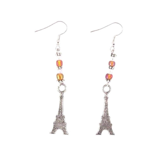 Earrings Eiffel Tower Charms Brown White Beads Sterling Hooks 2" Long
