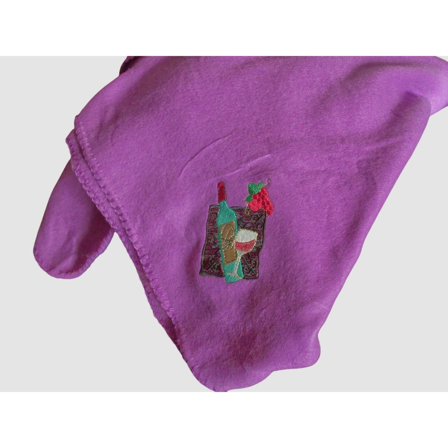 Embroidered Blanket Purple 48" x 66" Fleece Wine Bottles Signs 4 Corners