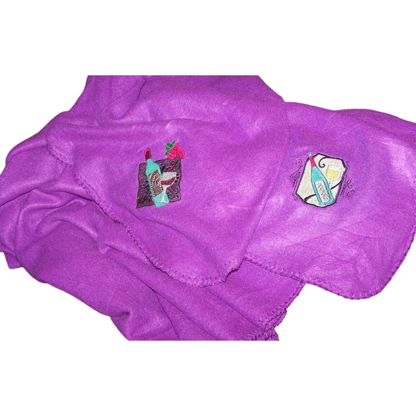 Embroidered Blanket Purple 48" x 66" Fleece Wine Bottles Signs 4 Corners