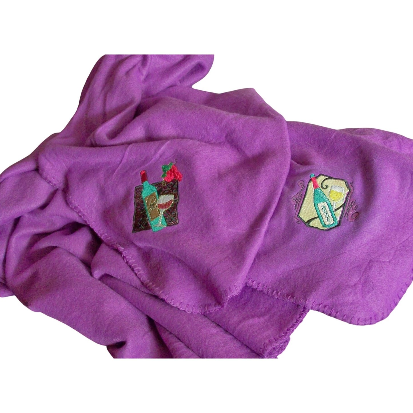 Embroidered Blanket Purple 48" x 66" Fleece Wine Bottles Signs 4 Corners