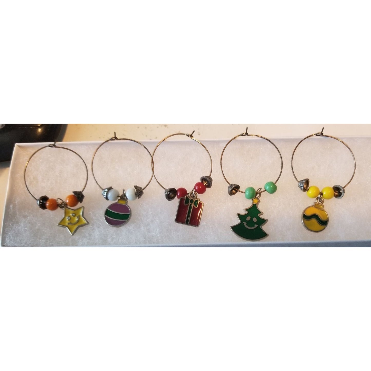 Wine Charms 1"  Charm Beads Silver Hoops Set of 5  Ornaments Tree Star Present Holiday