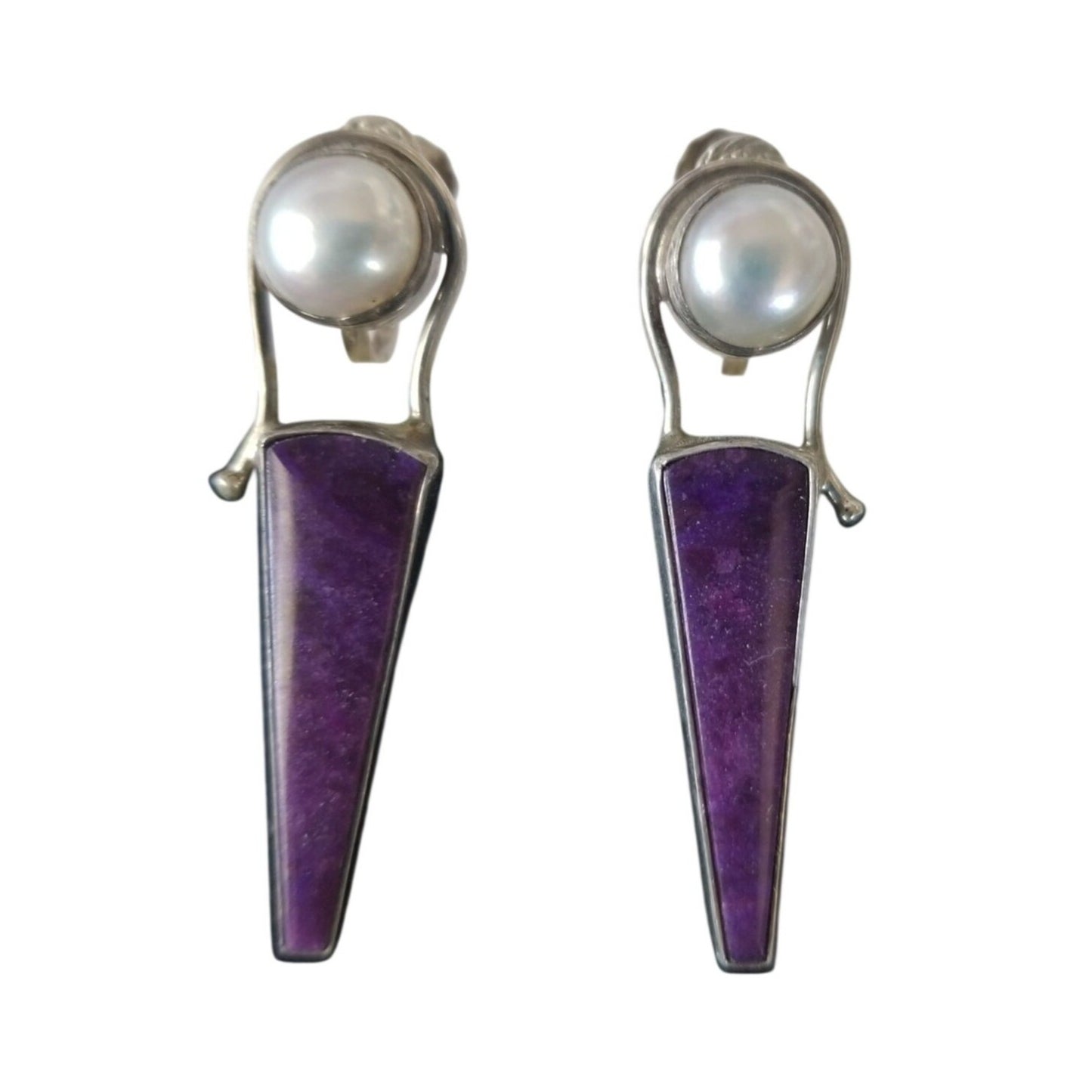 Earrings   Pearl  Verizite 8.1 Gr 40.5 ct  4 cm x 1 cm 1 cm Round 2.5  x .0.5 cm  Screw on Silver 925