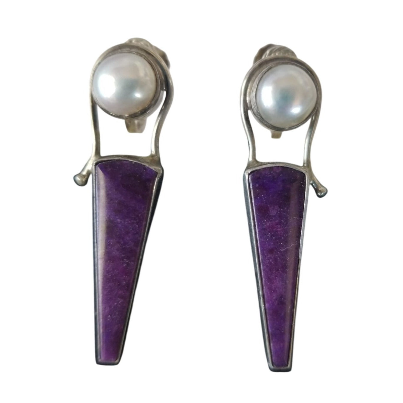 Earrings   Pearl  Verizite 8.1 Gr 40.5 ct  4 cm x 1 cm 1 cm Round 2.5  x .0.5 cm  Screw on Silver 925