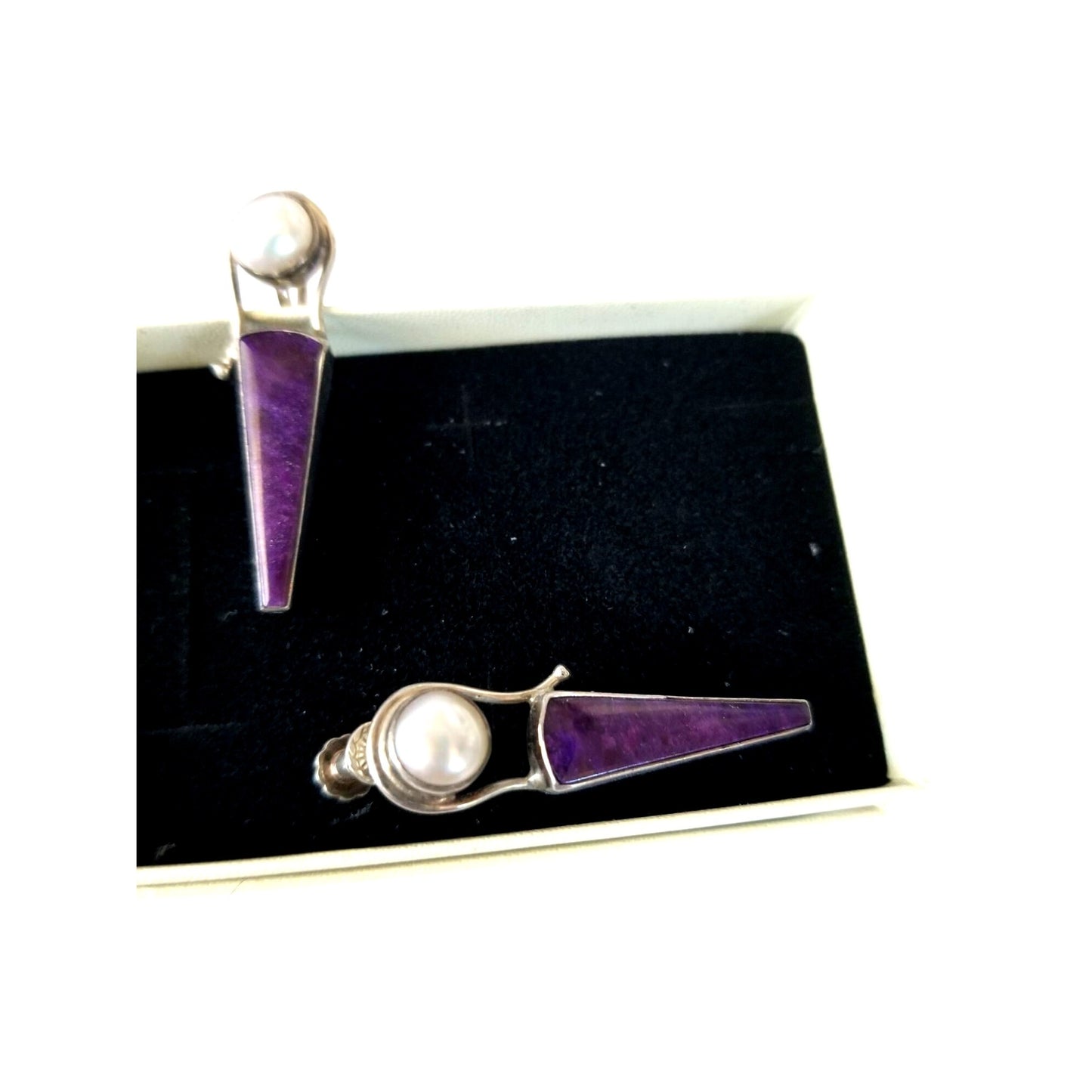 Earrings   Pearl  Verizite 8.1 Gr 40.5 ct  4 cm x 1 cm 1 cm Round 2.5  x .0.5 cm  Screw on Silver 925