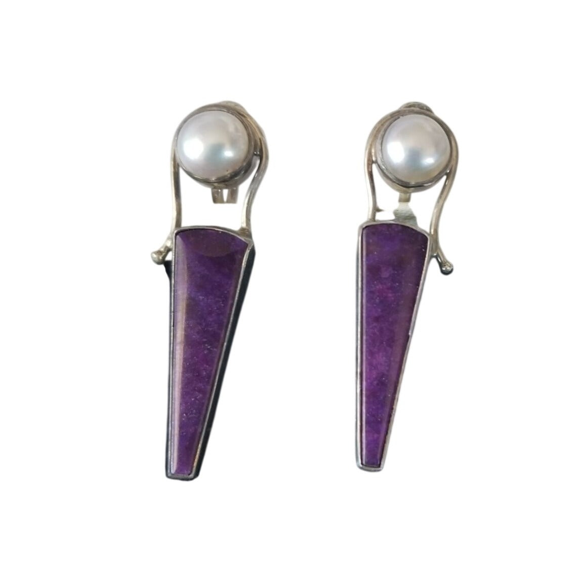Earrings   Pearl  Verizite 8.1 Gr 40.5 ct  4 cm x 1 cm 1 cm Round 2.5  x .0.5 cm  Screw on Silver 925