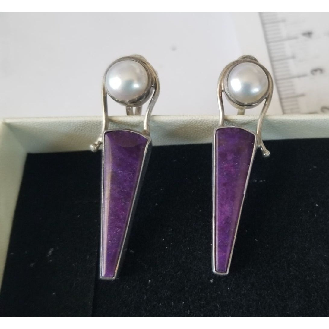 Earrings   Pearl  Verizite 8.1 Gr 40.5 ct  4 cm x 1 cm 1 cm Round 2.5  x .0.5 cm  Screw on Silver 925