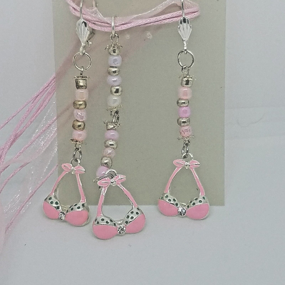 Necklace Earrings Bikini Bra Top 1/2 " Charm Pink Silver Beads Pink Ribbon Cord