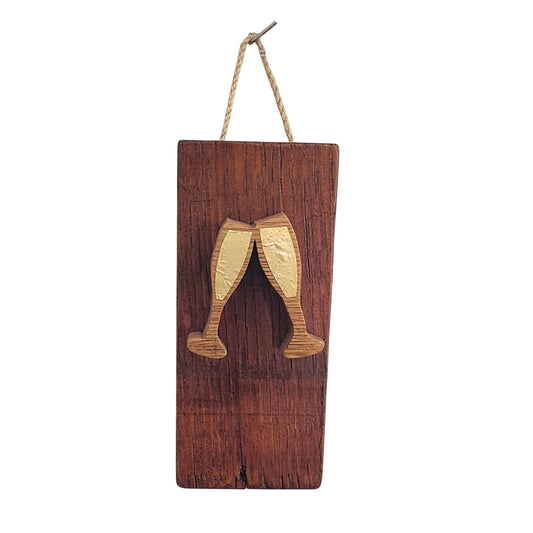Wood Wine Barrel Sign Pair of Champagne  Glasses Wine Stave Stained Hanger