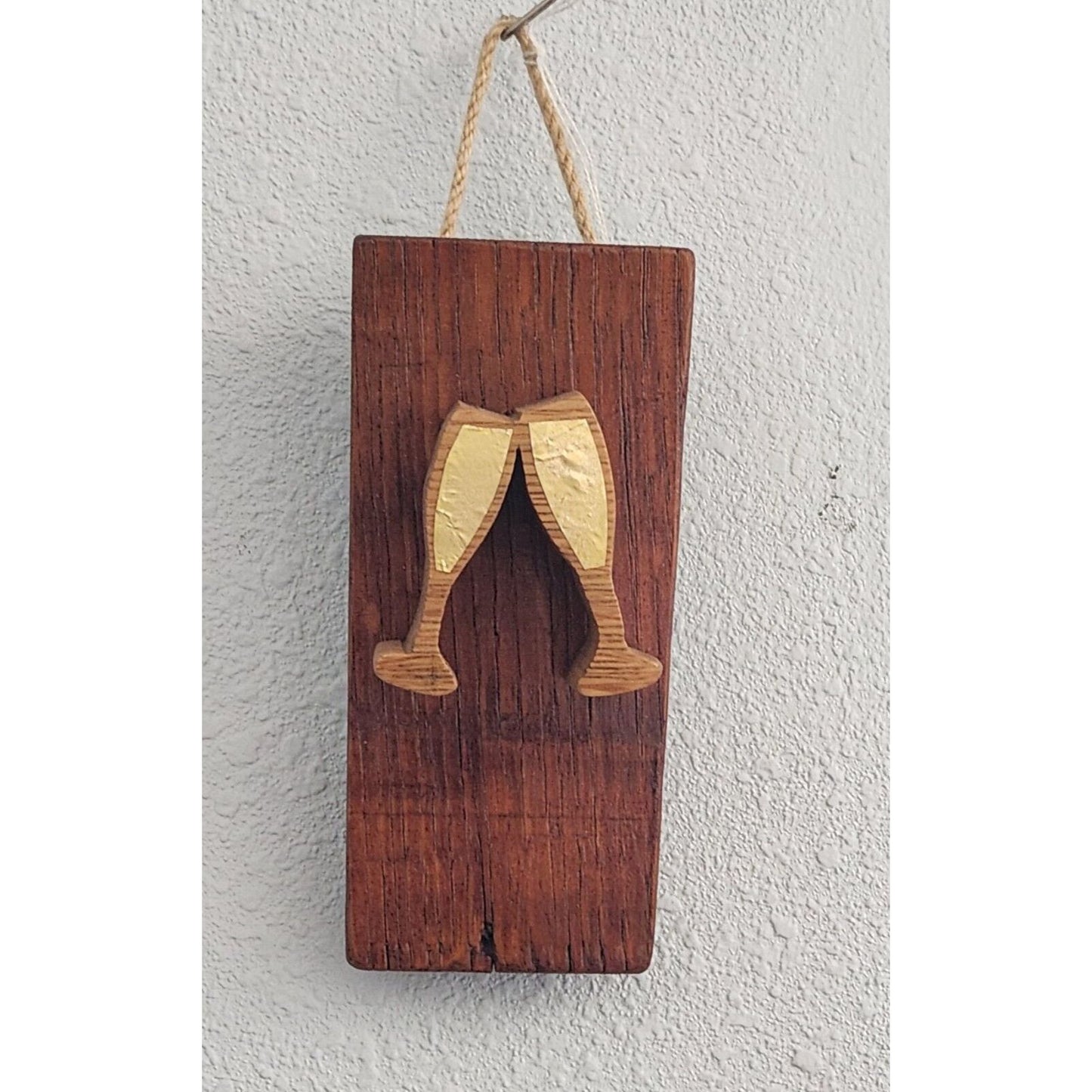Wood Wine Barrel Sign Pair of Champagne  Glasses Wine Stave Stained Hanger