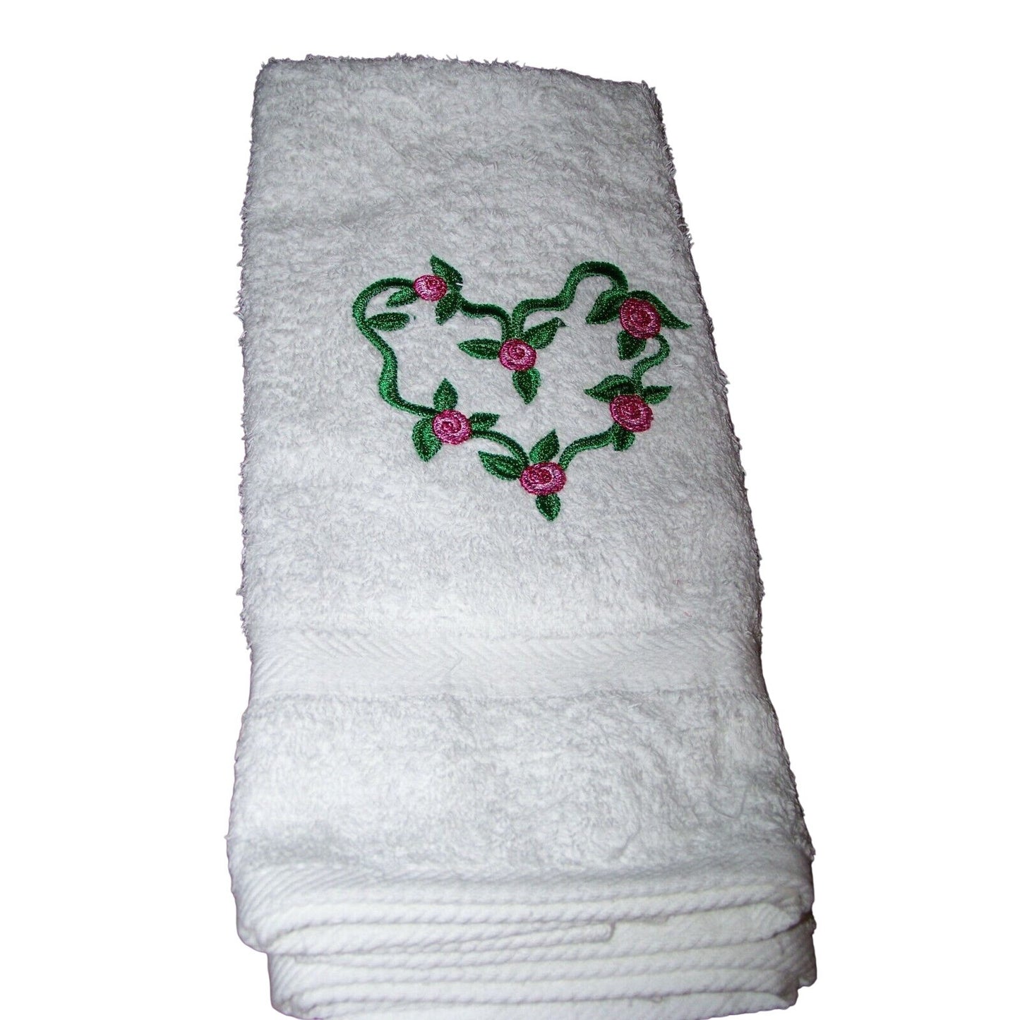 Kitchen Towel Embroidered 100%  Set 1 Cotton Terry Green Heart  Pink & Red Flowers 15 x 21
