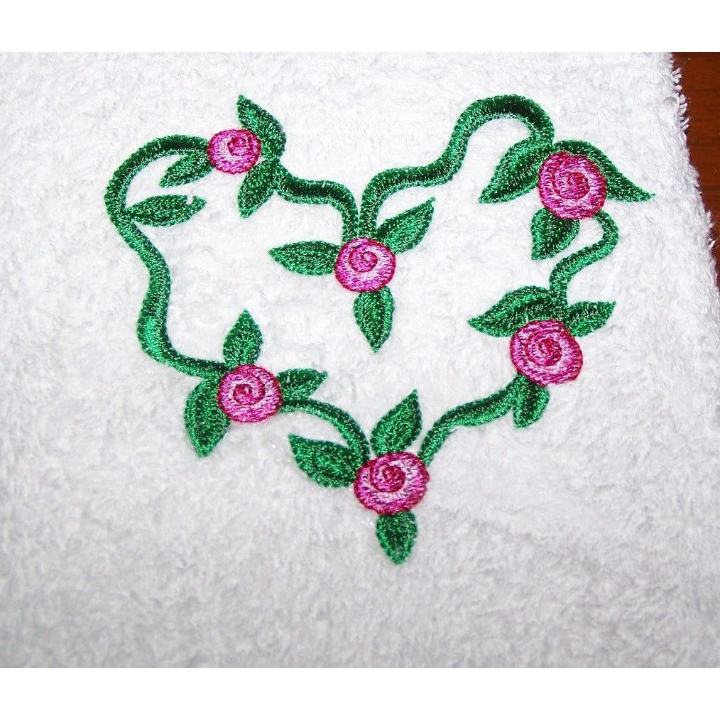 Kitchen Towel Embroidered 100%  Set 1 Cotton Terry Green Heart  Pink & Red Flowers 15 x 21