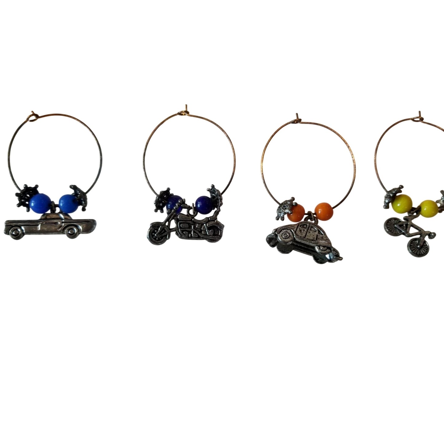 Wine Charms 1"  Charm Beads Silver Hoops Set of 4  Truck Motorcycle VW Bug Bike