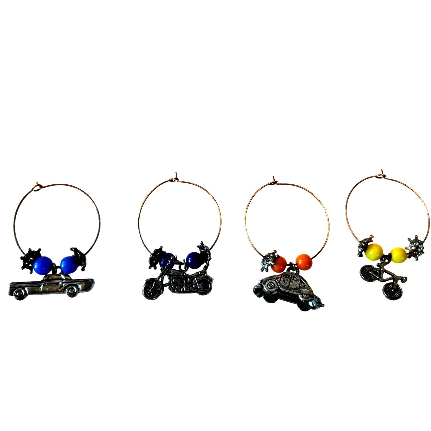 Wine Charms 1"  Charm Beads Silver Hoops Set of 4  Truck Motorcycle VW Bug Bike