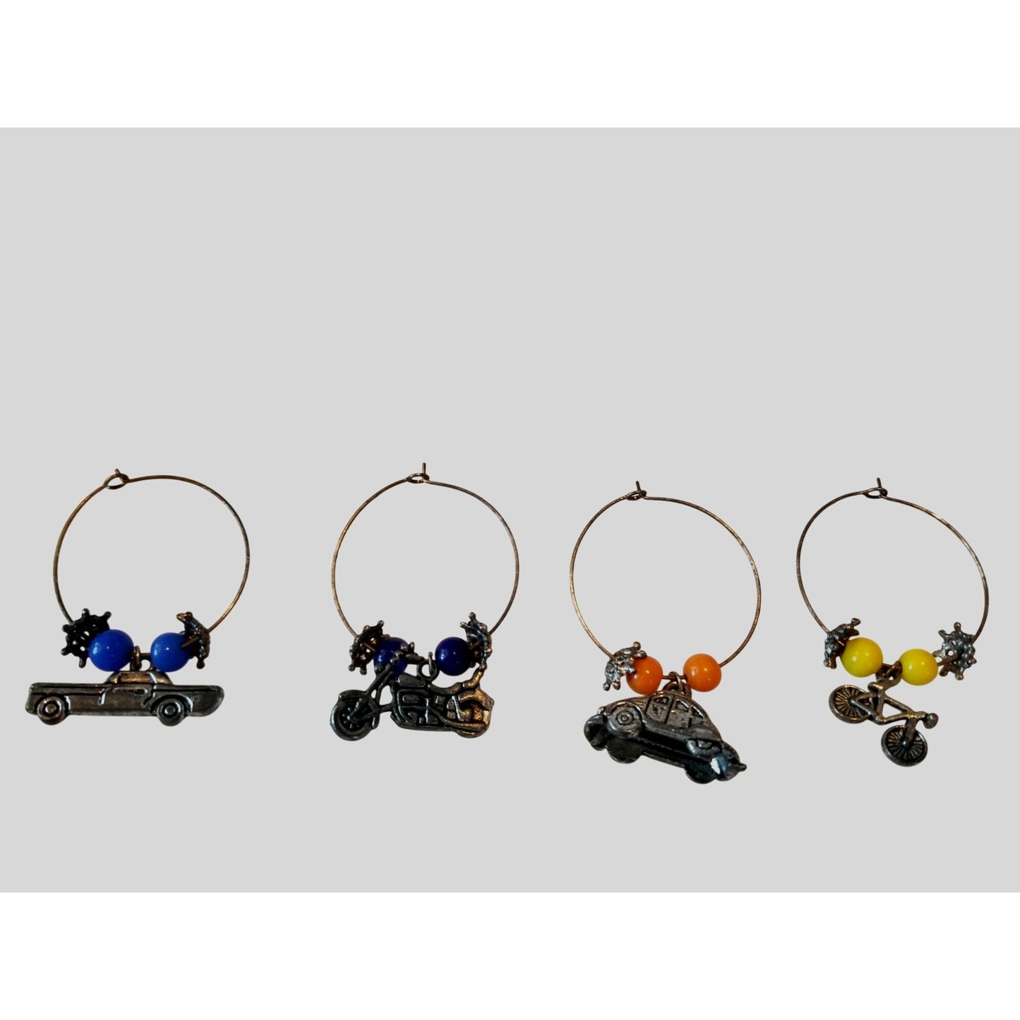 Wine Charms 1"  Charm Beads Silver Hoops Set of 4  Truck Motorcycle VW Bug Bike