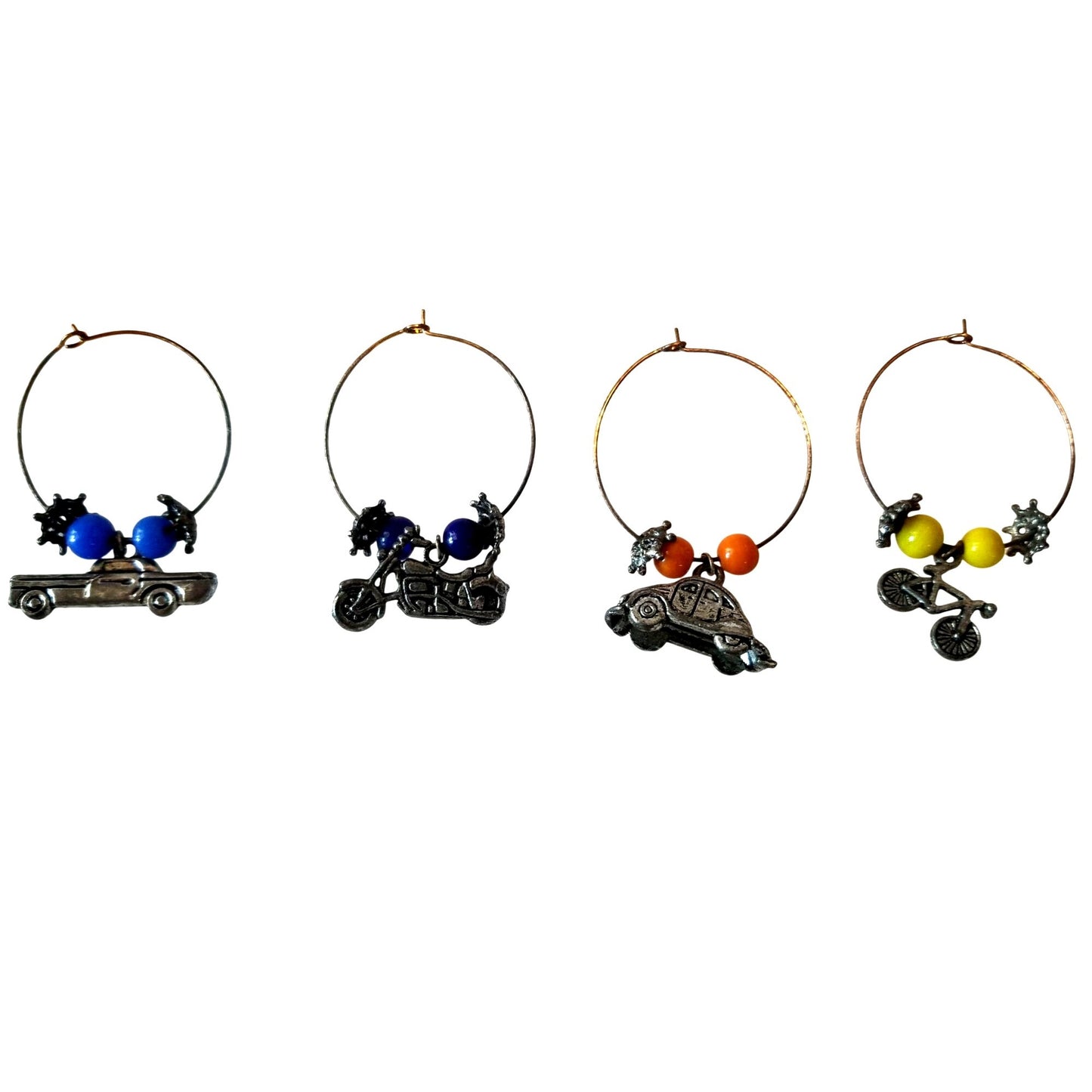 Wine Charms 1"  Charm Beads Silver Hoops Set of 4  Truck Motorcycle VW Bug Bike