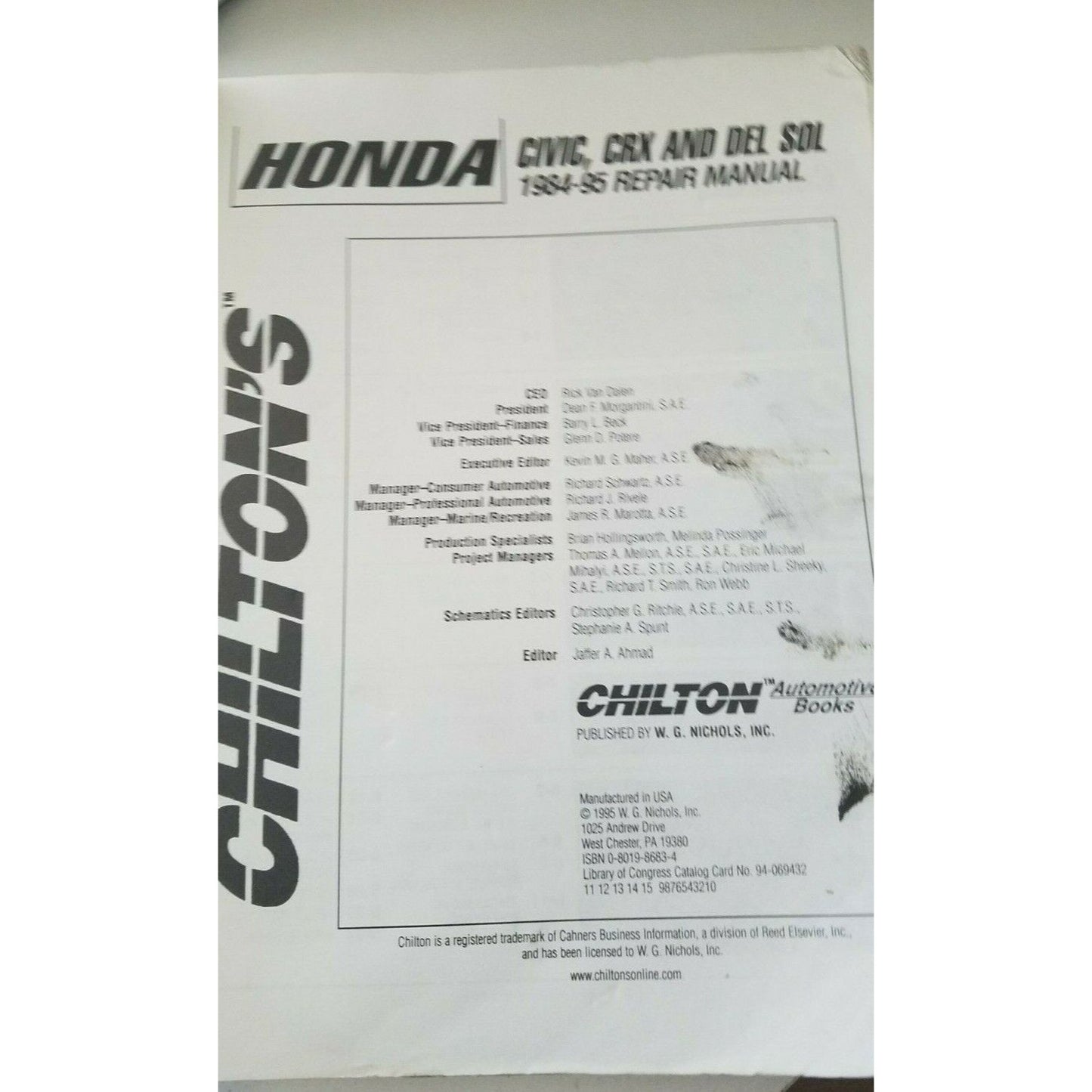 Book  1984 - 99  Chilton's Honda Civic CRX Del Sol  Repair manual #30200 Car