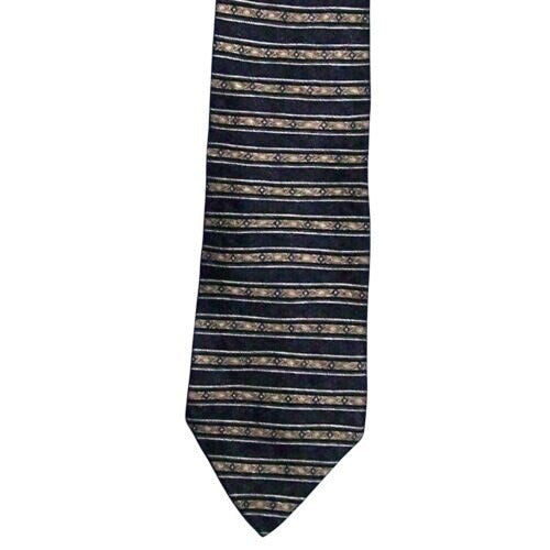 Tie Men's 100 % Silk Neck Tie Puritan Black White Gold Geometric Stripes