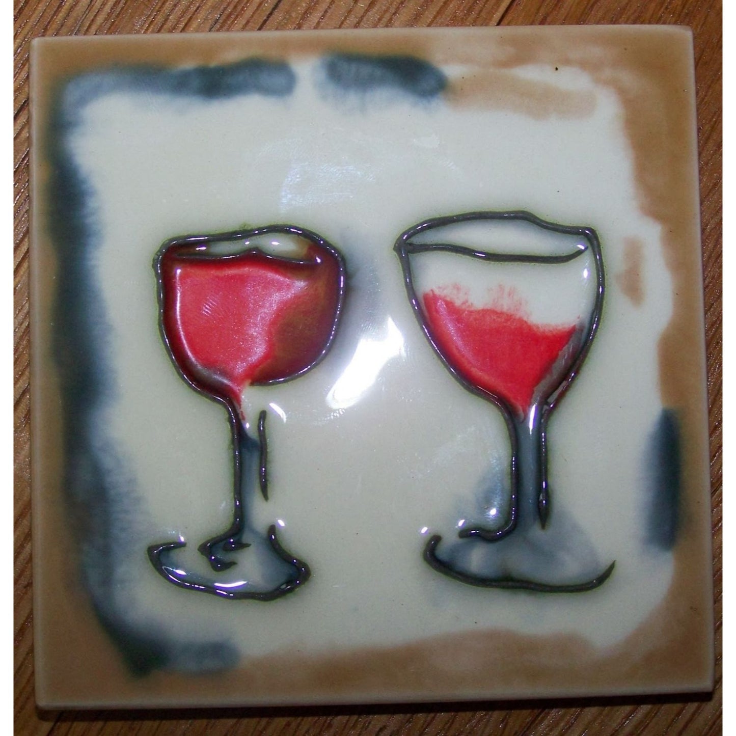 Art Tile 4" x 4"  Muddy Waters Hand Painted 7A031 ArtWork on Tile Wine 3 Two Wine Glasses   1/2 " Ceramic Tile and backing