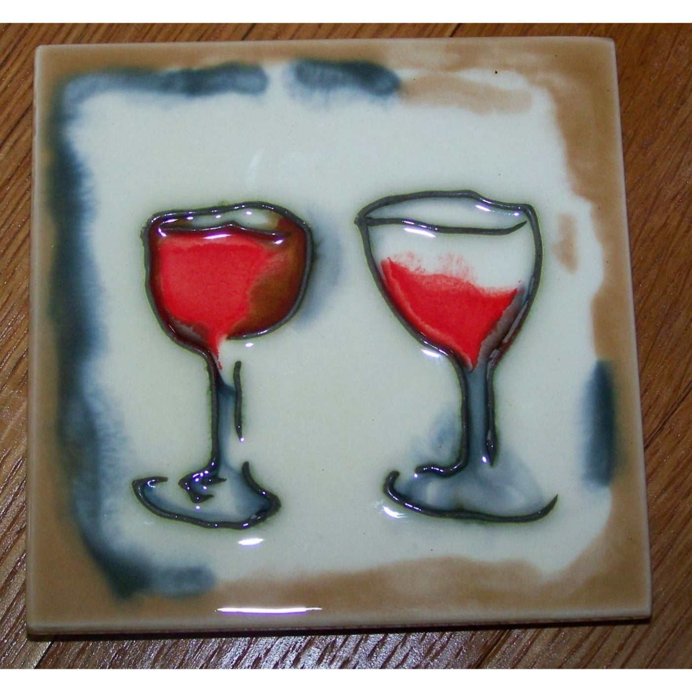 Art Tile 4" x 4"  Muddy Waters Hand Painted 7A031 ArtWork on Tile Wine 3 Two Wine Glasses   1/2 " Ceramic Tile and backing