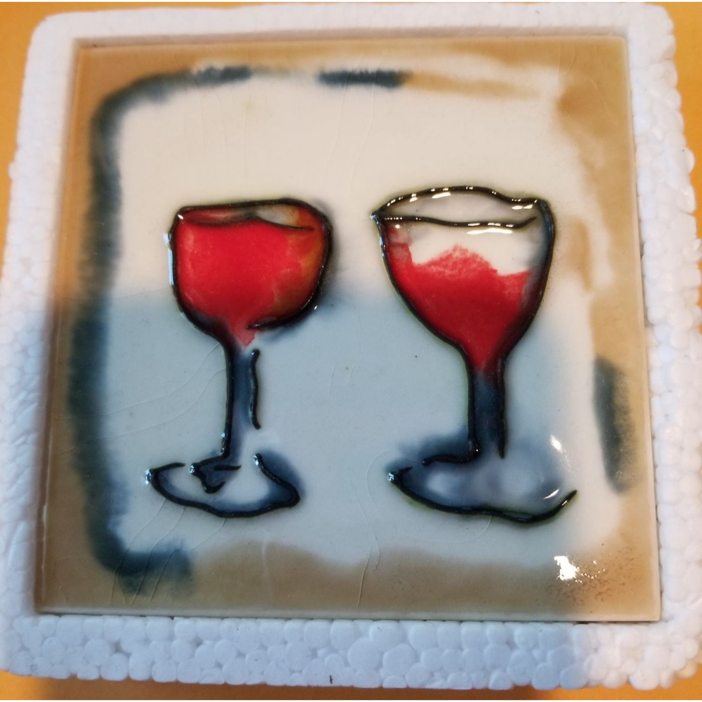 Art Tile 4" x 4"  Muddy Waters Hand Painted 7A031 ArtWork on Tile Wine 3 Two Wine Glasses   1/2 " Ceramic Tile and backing