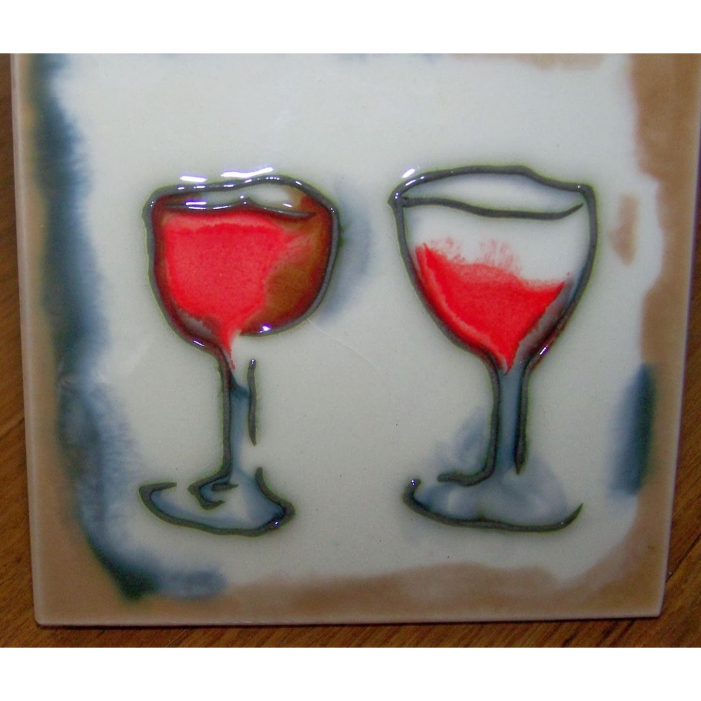 Art Tile 4" x 4"  Muddy Waters Hand Painted 7A031 ArtWork on Tile Wine 3 Two Wine Glasses   1/2 " Ceramic Tile and backing