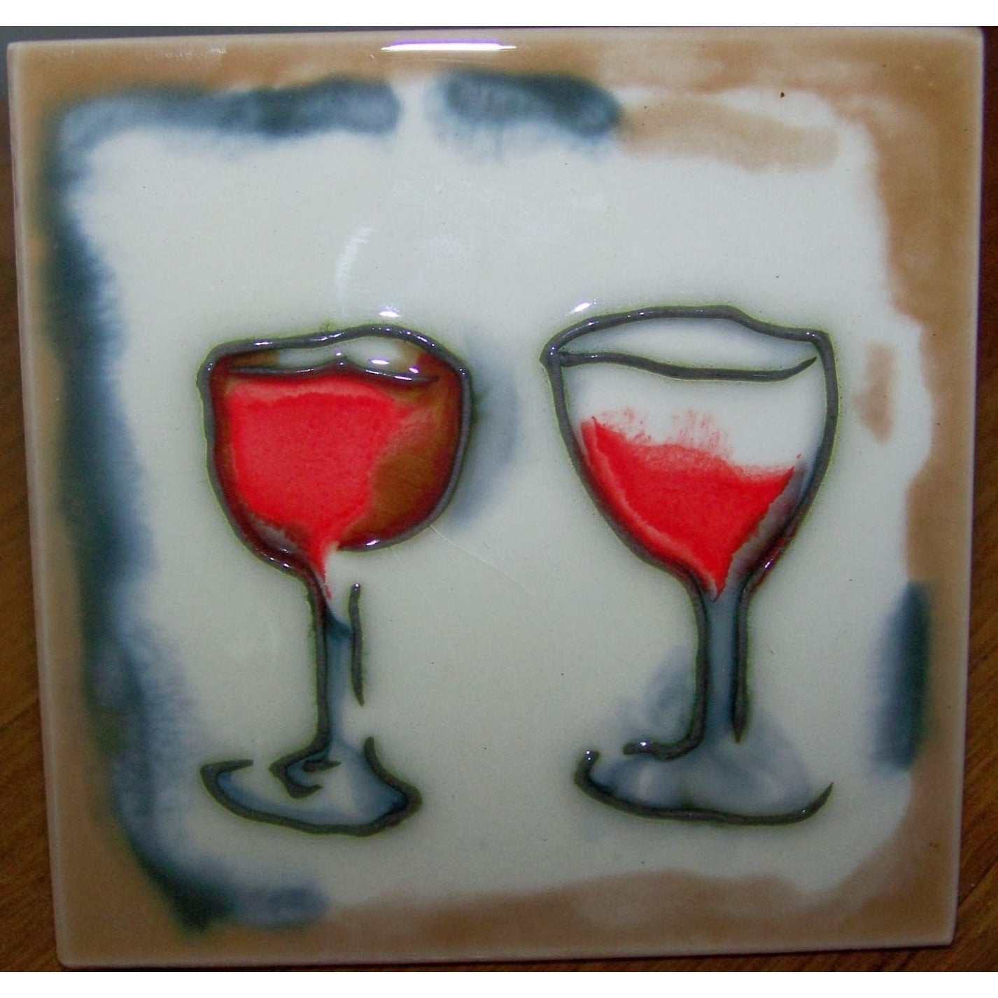Art Tile 4" x 4"  Muddy Waters Hand Painted 7A031 ArtWork on Tile Wine 3 Two Wine Glasses   1/2 " Ceramic Tile and backing