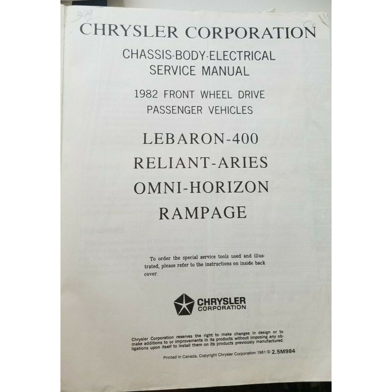 Book 1982 Chrysler Omni Horizon Aries Reliant Dodge 400 LeBaron Rampage Manual