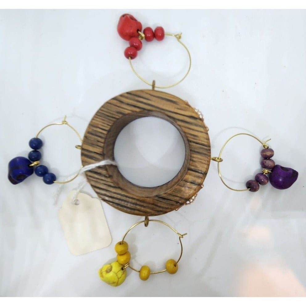 Colorful Skull-Themed Wine Glass Charms Set - 4 Unique Charms With Beads & Wood Holder