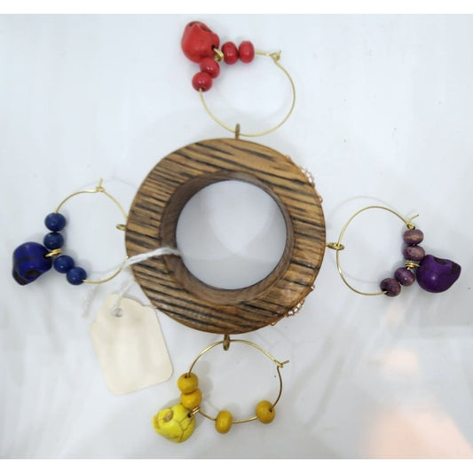 Colorful Skull-Themed Wine Glass Charms Set - 4 Unique Charms With Beads & Wood Holder