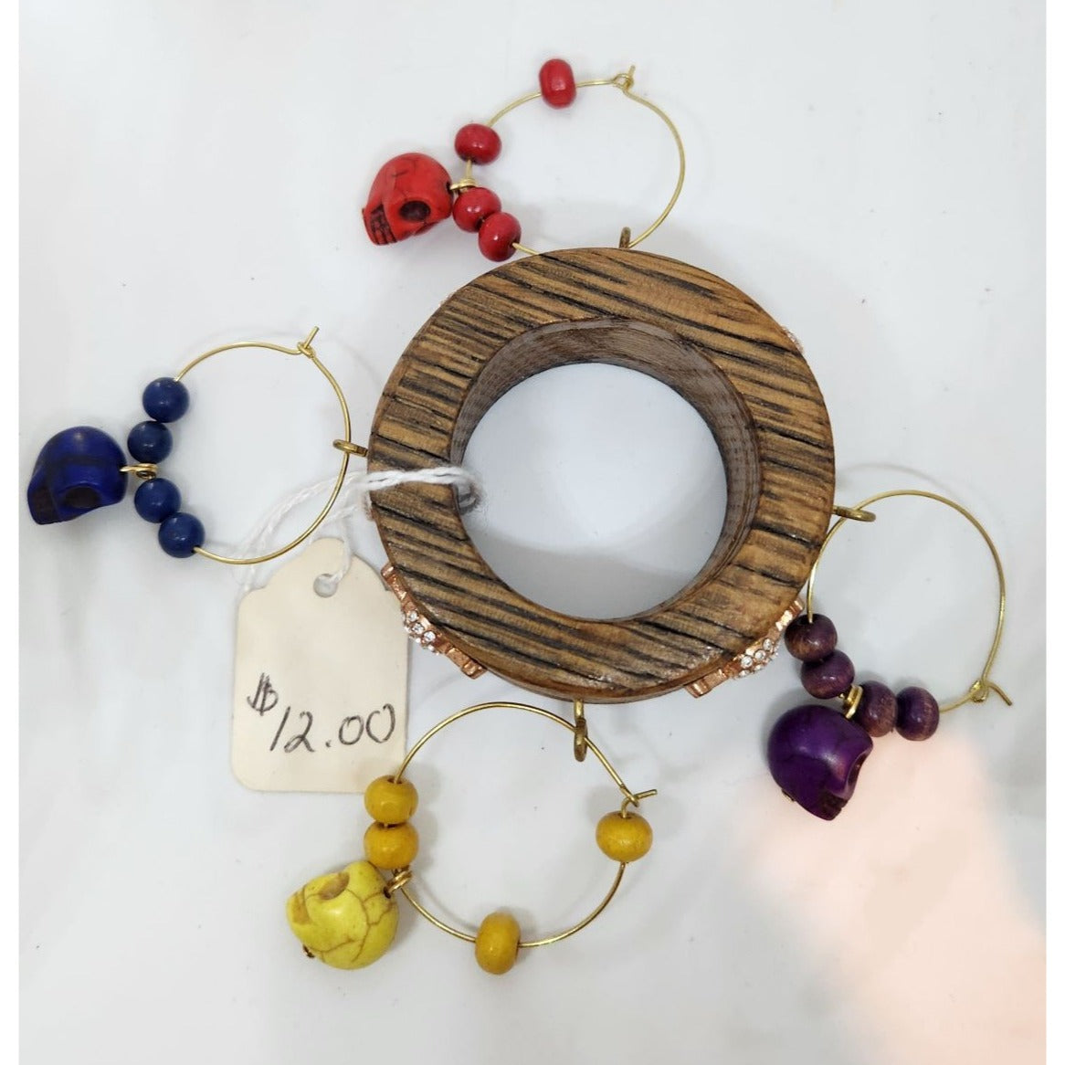 Colorful Skull-Themed Wine Glass Charms Set - 4 Unique Charms With Beads & Wood Holder