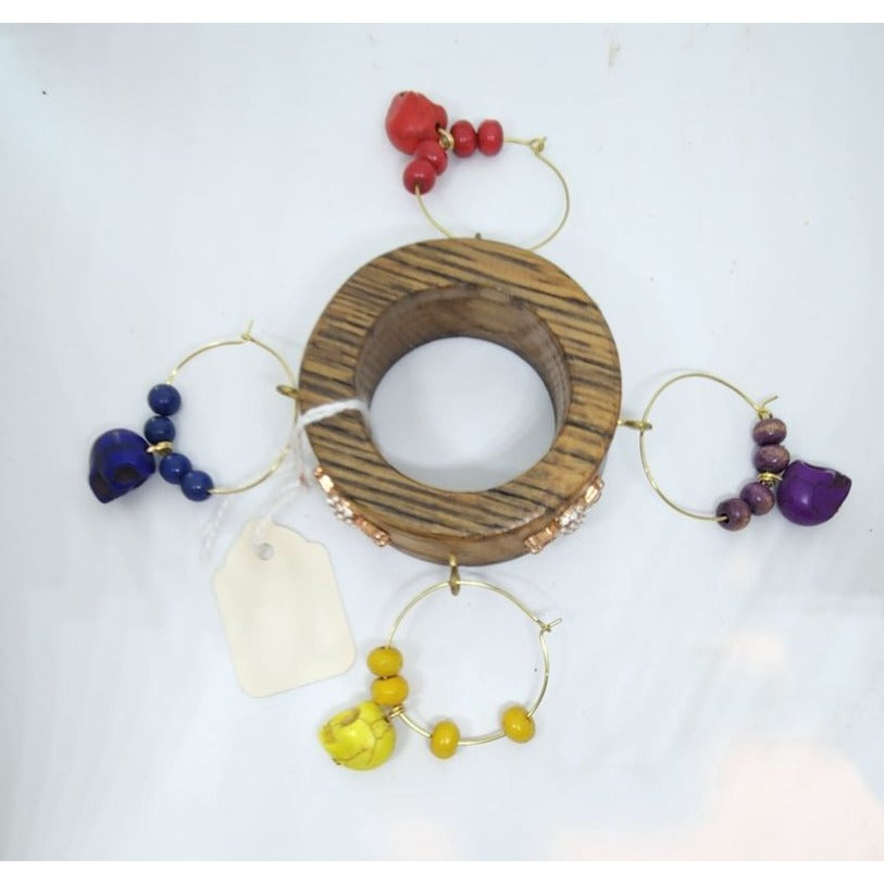 Colorful Skull-Themed Wine Glass Charms Set - 4 Unique Charms With Beads & Wood Holder