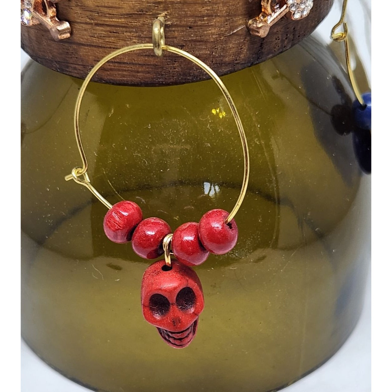 Colorful Skull-Themed Wine Glass Charms Set - 4 Unique Charms With Beads & Wood Holder
