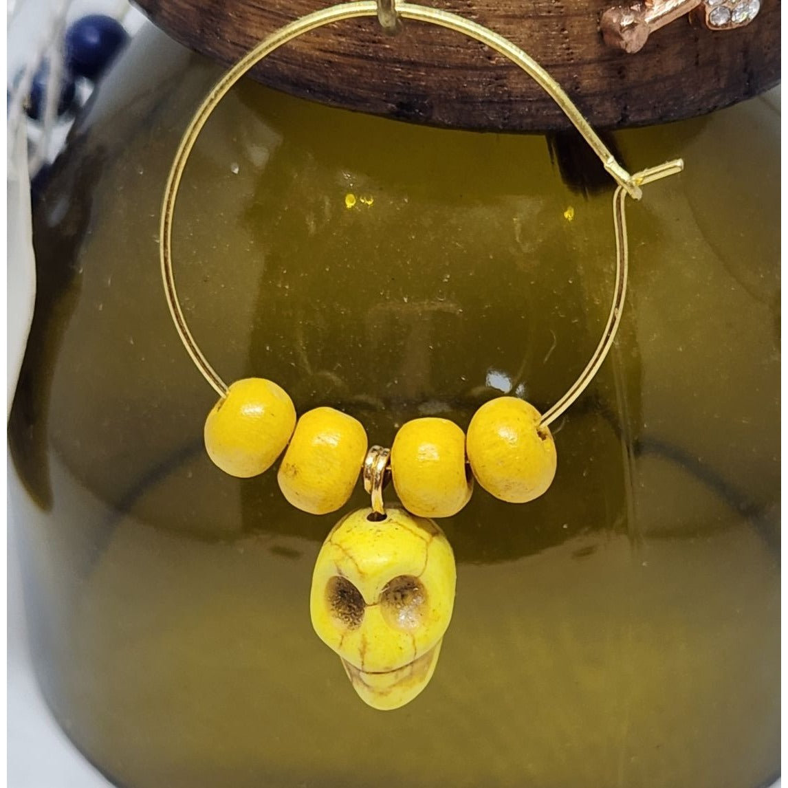 Colorful Skull-Themed Wine Glass Charms Set - 4 Unique Charms With Beads & Wood Holder