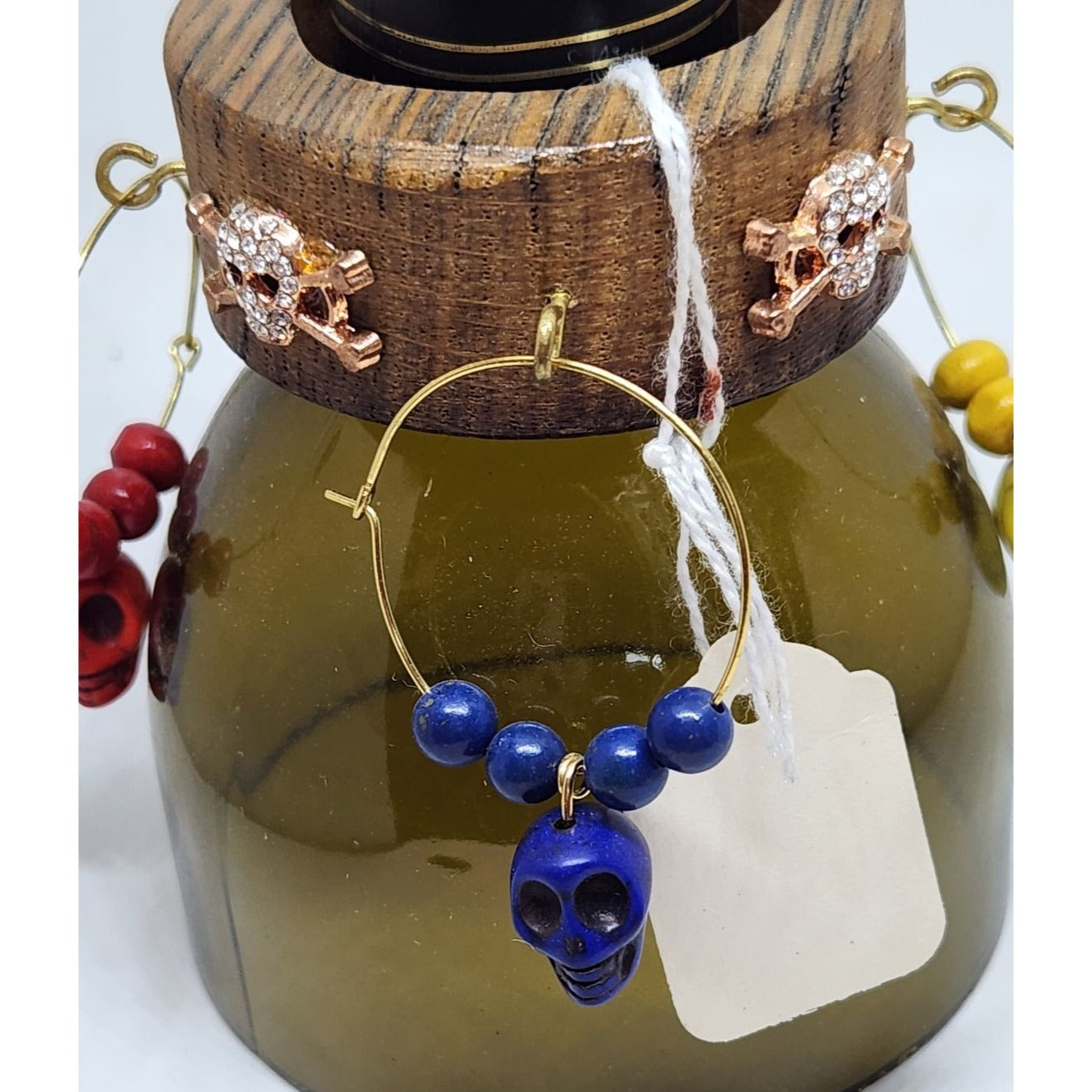 Colorful Skull-Themed Wine Glass Charms Set - 4 Unique Charms With Beads & Wood Holder