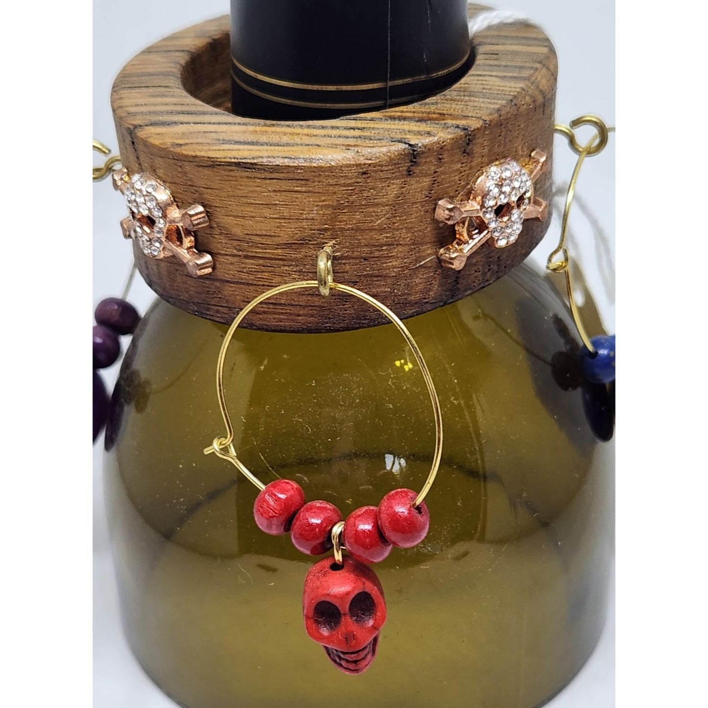 Colorful Skull-Themed Wine Glass Charms Set - 4 Unique Charms With Beads & Wood Holder