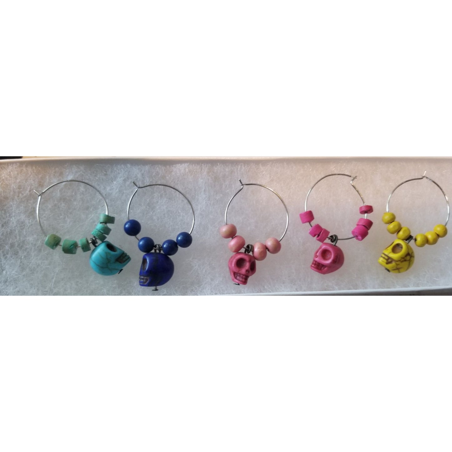 Wine Charms 1"  Skulls Beads Silver Hoops Set of 5  Yellow, Blue, Purple, Pink, Red