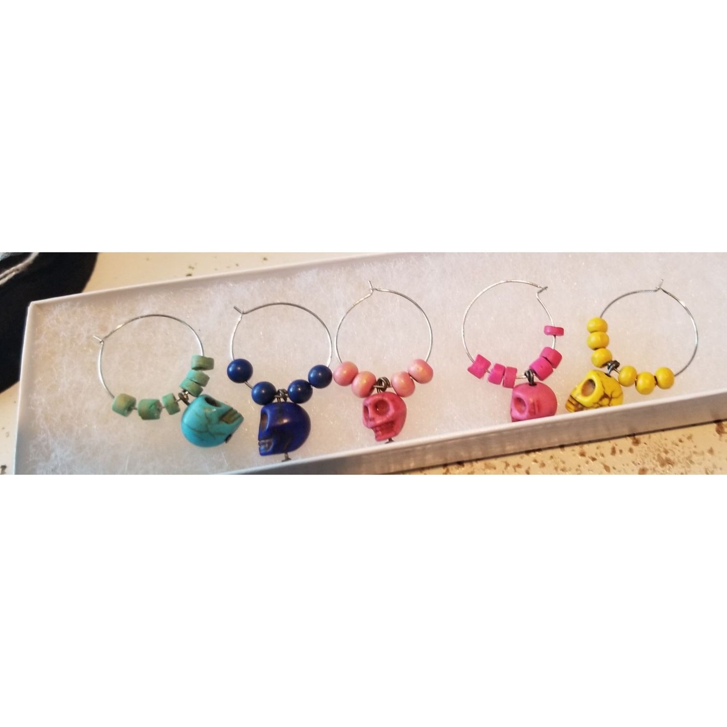 Wine Charms 1"  Skulls Beads Silver Hoops Set of 5  Yellow, Blue, Purple, Pink, Red