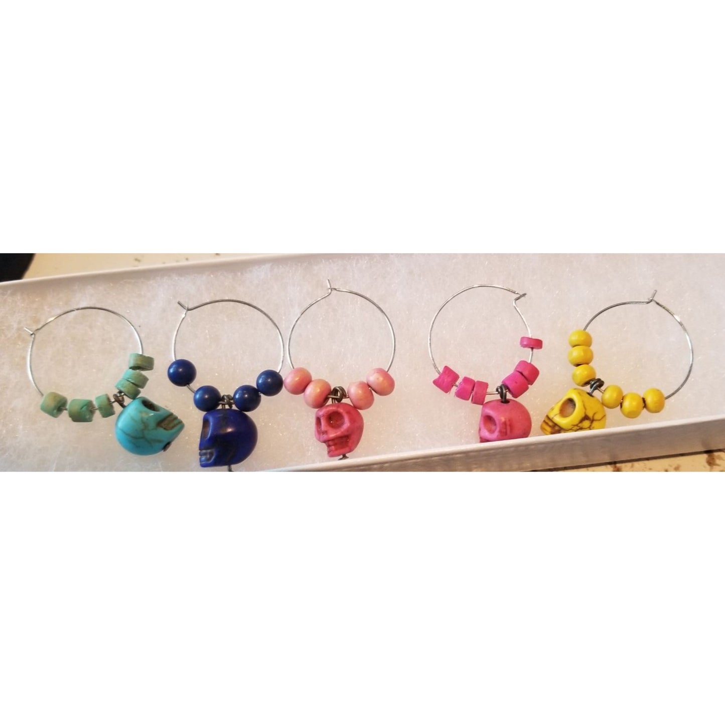 Wine Charms 1"  Skulls Beads Silver Hoops Set of 5  Yellow, Blue, Purple, Pink, Red